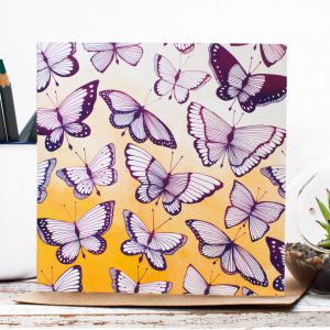Flutter Blank Botanical Gift Card, an original butterfly inspired illustration with bright ochre, pinks and purples. Made in the UK | Jessica Wilde Design ©