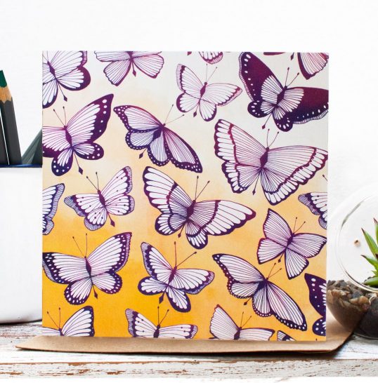 Flutter Blank Botanical Gift Card, an original butterfly inspired illustration with bright ochre, pinks and purples. Made in the UK | Jessica Wilde Design ©