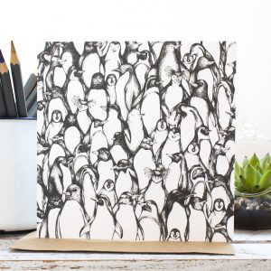 Penguin Waddle Greetings Card, an original illustration in pen by Jessica Wilde Design © Designed in Staffordshire and made in the UK.