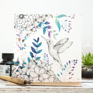Hummingbird Blossom Floral Blank Gift Card, hand drawn with watercolour highlights. Designed in Staffordshire, made in the UK. Jessica Wilde ©