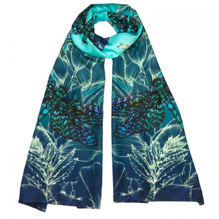 Dragonfly Lily Luxury Silk Scarf Teal